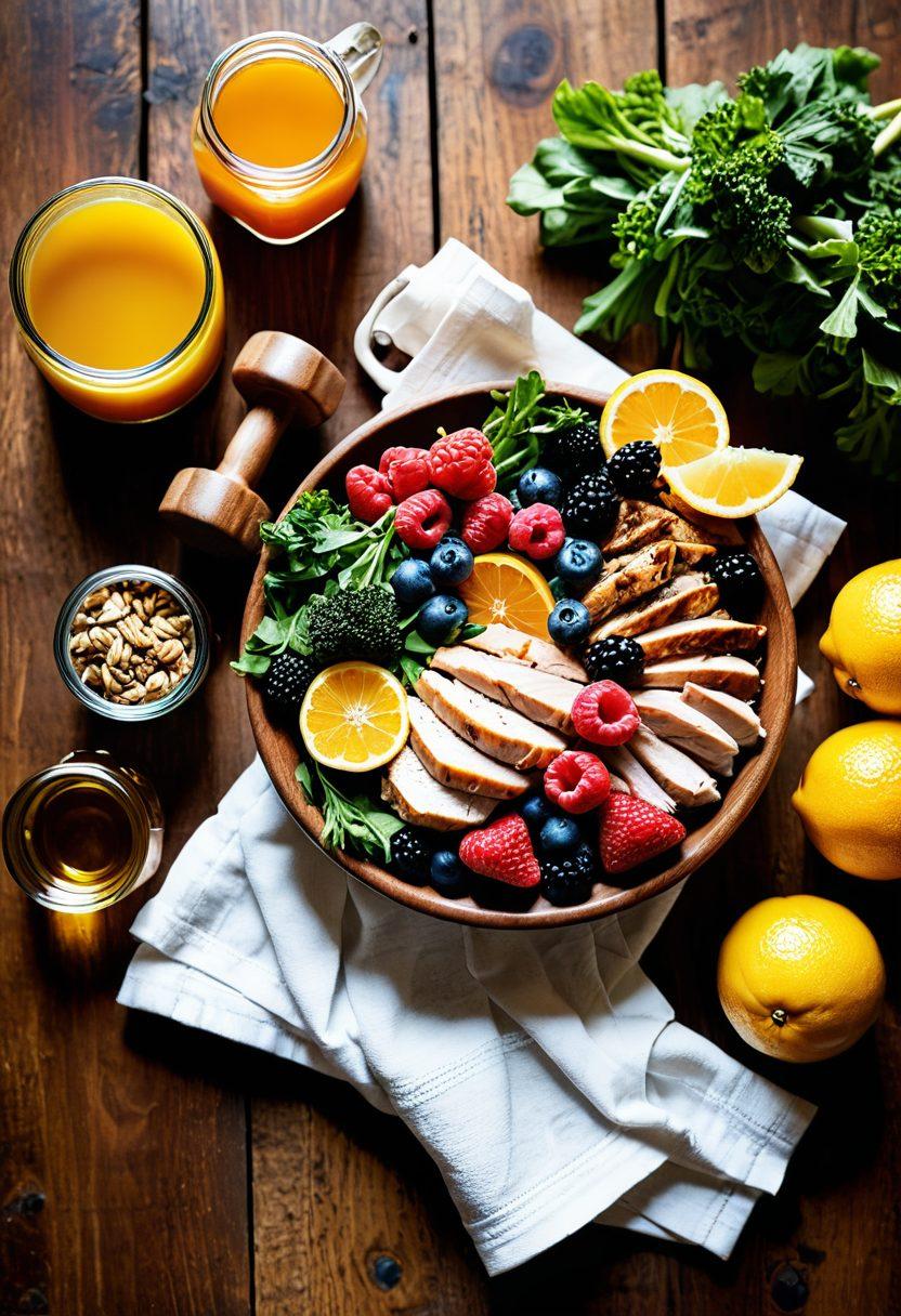 A vibrant, colorful spread of nutrient-rich foods including fresh fruits, leafy greens, lean proteins, and nuts, arranged beautifully on a wooden table. In the background, a glowing jar filled with honey and a steaming cup of herbal tea. Include a measuring tape coiled around a dumbbell to symbolize fitness. The atmosphere should feel warm and inviting, radiating health and wellness. super-realistic. vibrant colors. natural light.