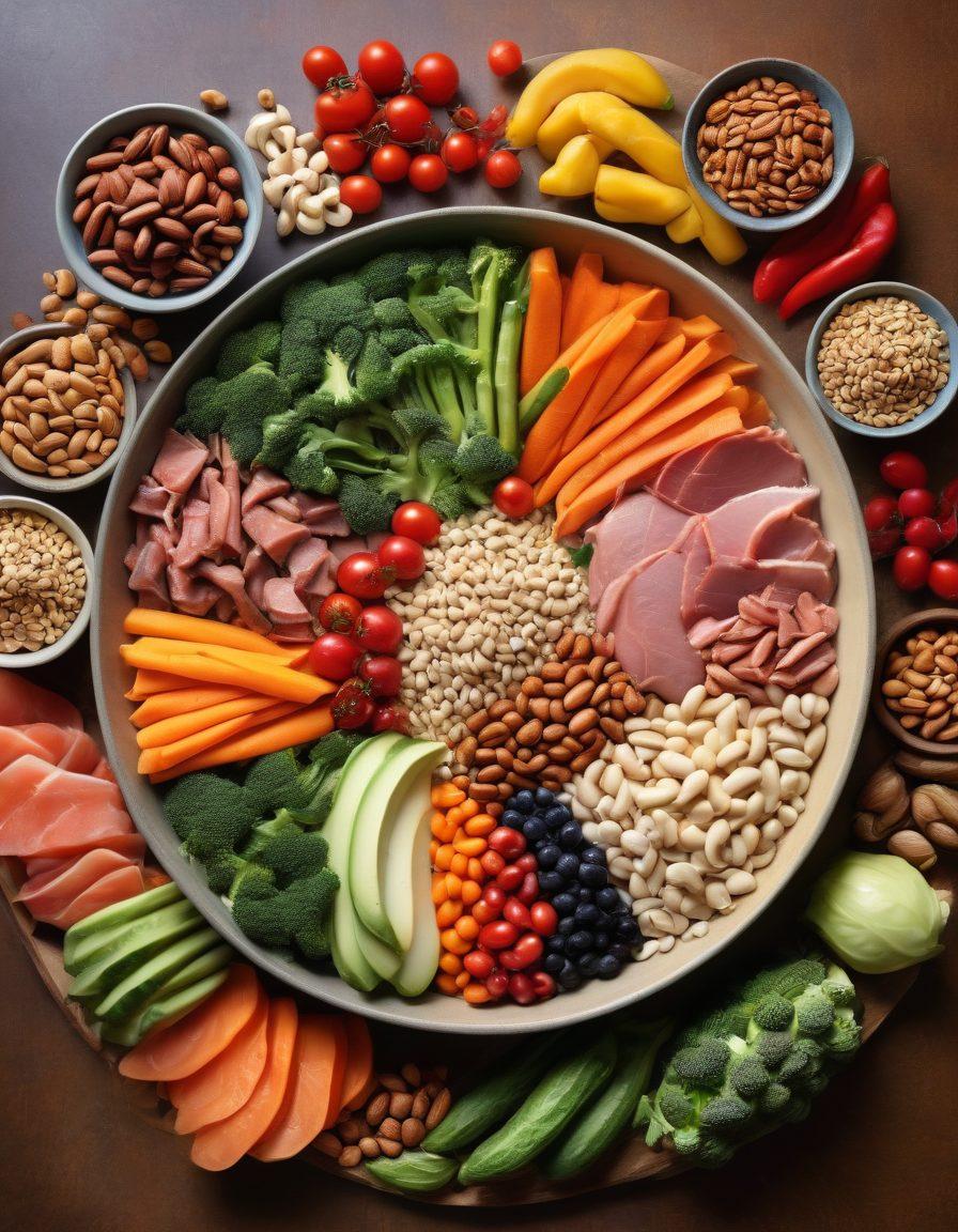A vibrant still life featuring an array of protein-rich foods like lean meats, legumes, nuts, and colorful vegetables, creatively arranged to symbolize strength and health. Include a glowing immune system shield in the background, radiating energy and vitality. The overall scene should evoke a sense of nourishment and empowerment for the body. bright colors. super-realistic. natural lighting.