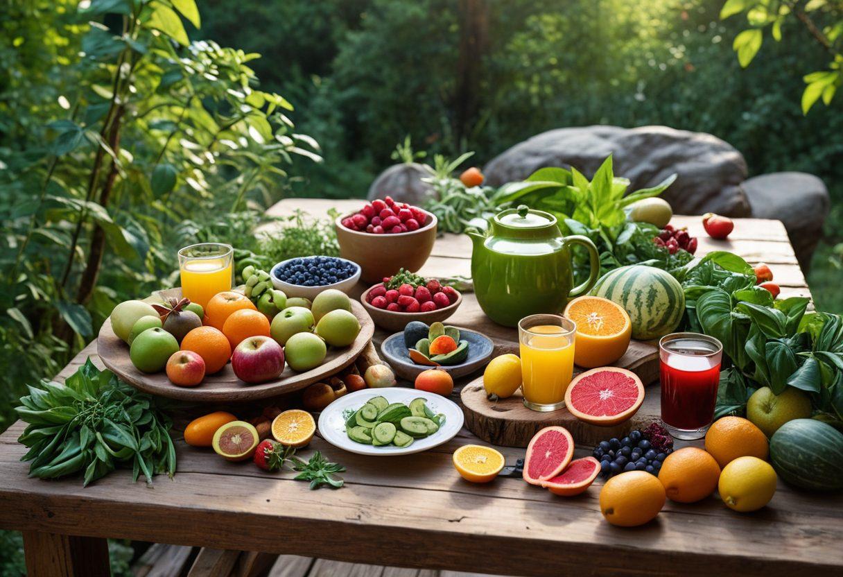 A serene, harmonious scene with a diverse selection of vibrant fruits, vegetables, and herbal teas on a wooden table, surrounded by natural elements like rocks and plants. Soft morning light filters through the leaves, illuminating the fresh produce and creating a sense of tranquility. In the background, a person practices yoga, embodying the essence of holistic wellness. super-realistic. vibrant colors. natural setting.